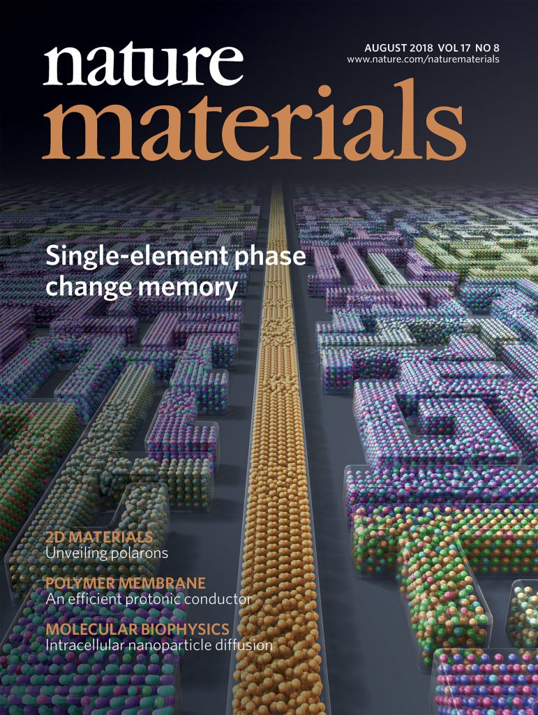 Nature materials magazine cover featuring an XVIVO illustration of phase change memory (PCM).