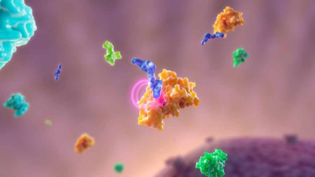 A colorful 3D rendering of proteins and molecules interacting, with orange, green, and blue structures floating against a blurred purple background. A pink glow highlights a central protein interaction, potentially illustrating BTKs role in immune mediated diseases.