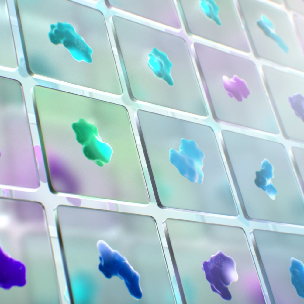 A grid of translucent tiles with abstract, cloud-like shapes in blue, green, and purple hues. The tiles have a reflective surface, giving a glossy and futuristic appearance. The perspective is angled, showing depth in the grid.