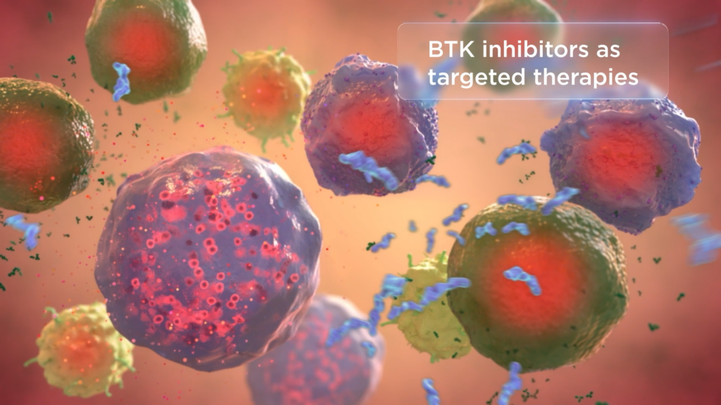 A close-up illustration of colorful cells, likely cancer or immune cells, with blue molecules interacting with them. The text reads: BTK inhibitors as targeted therapies for MOD and immune-mediated diseases. The background features a blurred warm gradient.